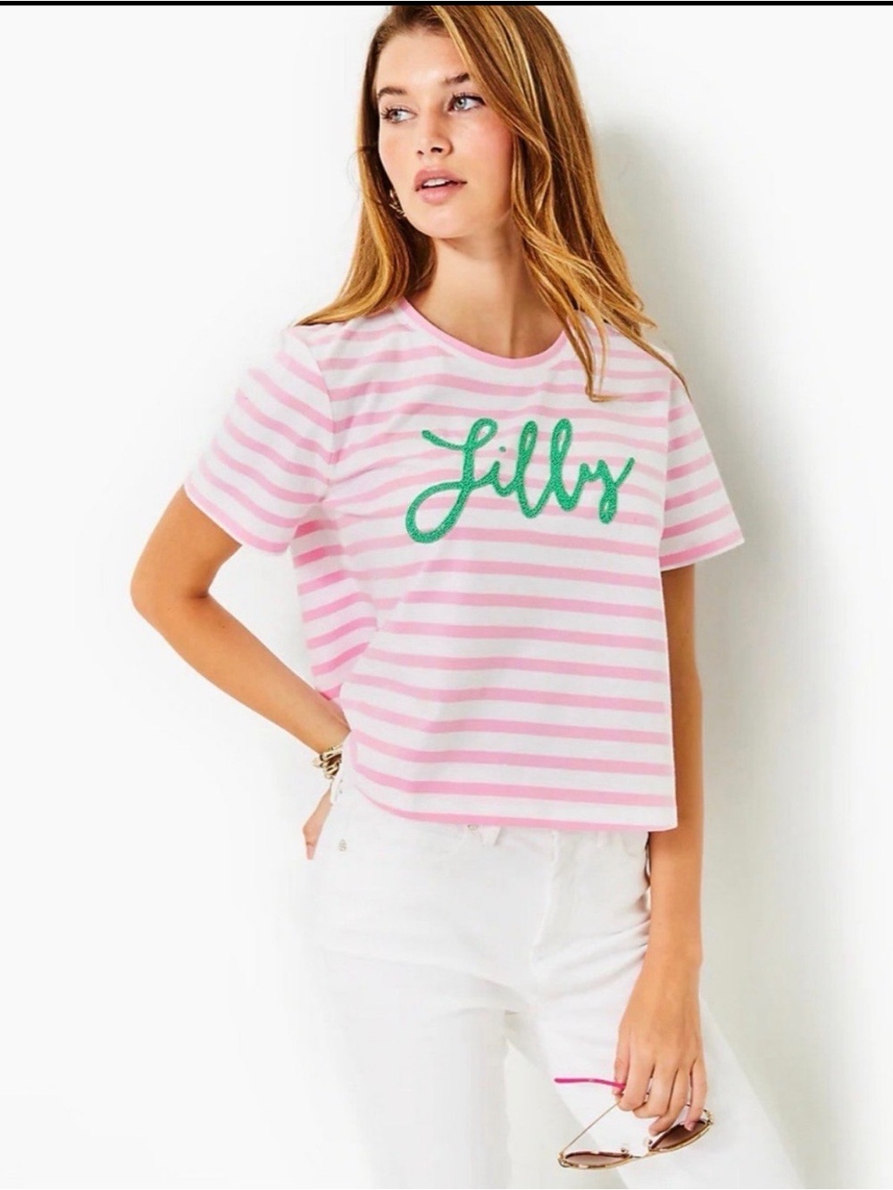 Lilly Pulitzer Pink White Striped Beaded Logo T-Shirt Womens Small Short Sleeve